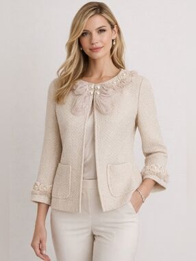St John Couture Tweed Blazer Cream Gold Thread Floral Appliqué Jacket Size 4